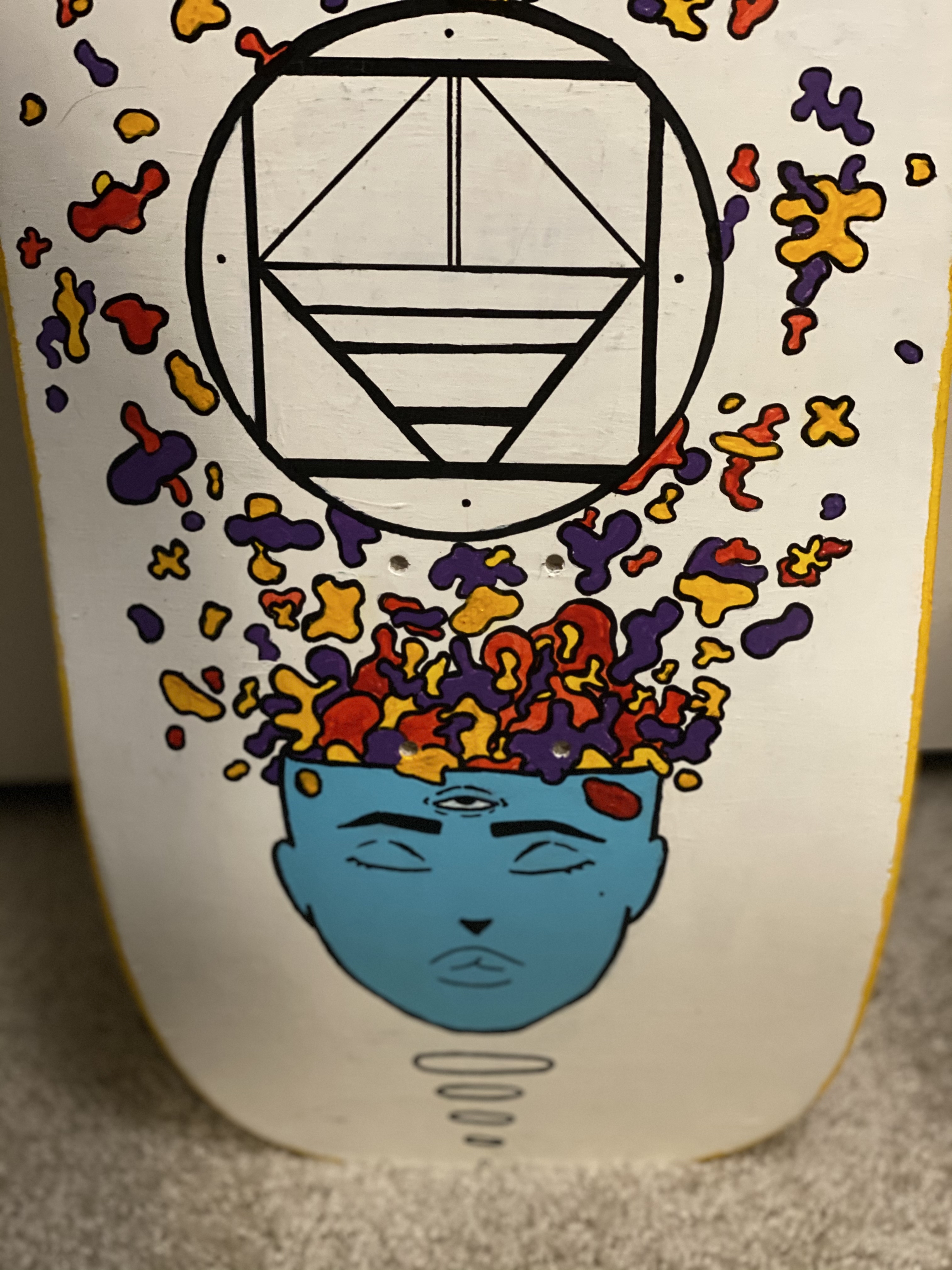 close up on blue third eye head with colorful organic shapes pouring out gold border